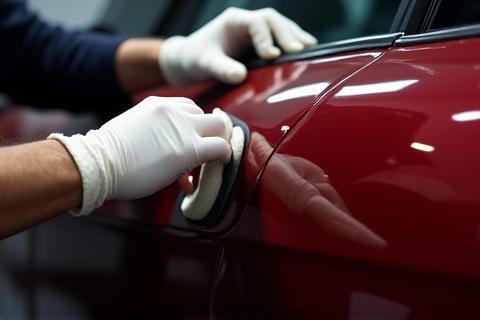 Detailing expert carefully applying ceramic coating to a car's sleek paintwork