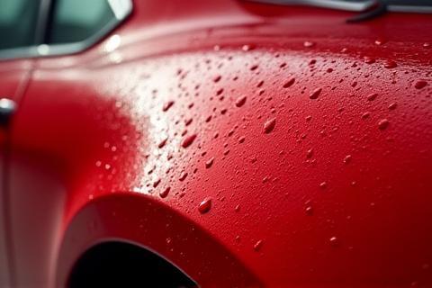 Close-up of water beading on a perfectly washed car, showcasing a scratch-free finish